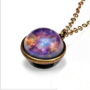 3D Blue & Purple Nebula Globe Unique Glass Brass Chain Necklace